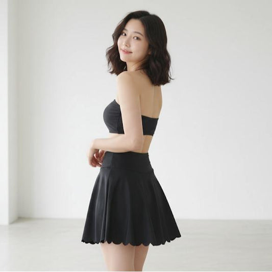 Women's Plain Black Mini Shift Skirt with Panty Scalloped Design (#19)