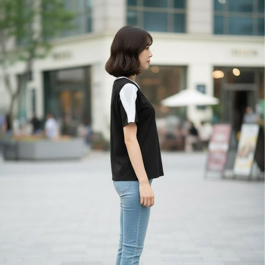 FPT0608 Women's Cotton Top Tee Shirt Black Color