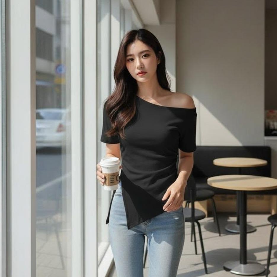 8822 Women's Cotton Plain Off-Shoulder in Cream & Black Color