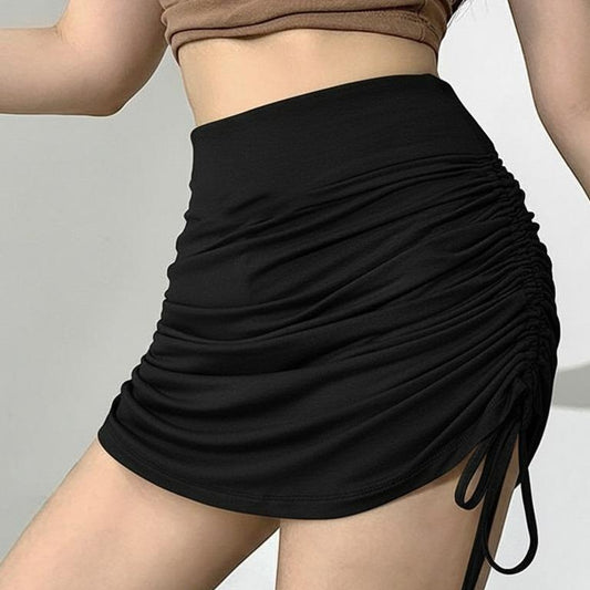 Women's THICK WAISTBAND Plain New Design Korean Style High-waist Drawcord Versatile Casual Buttock Skirt (#4)