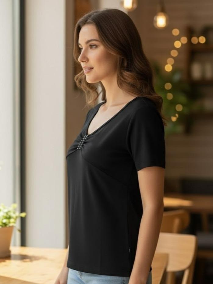 FPF003A Women's Cotton Top Tee Shirt with Beeds in Front