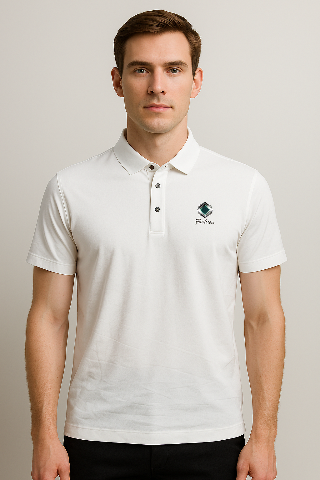 White Polo Shirt with Green Diamond Logo