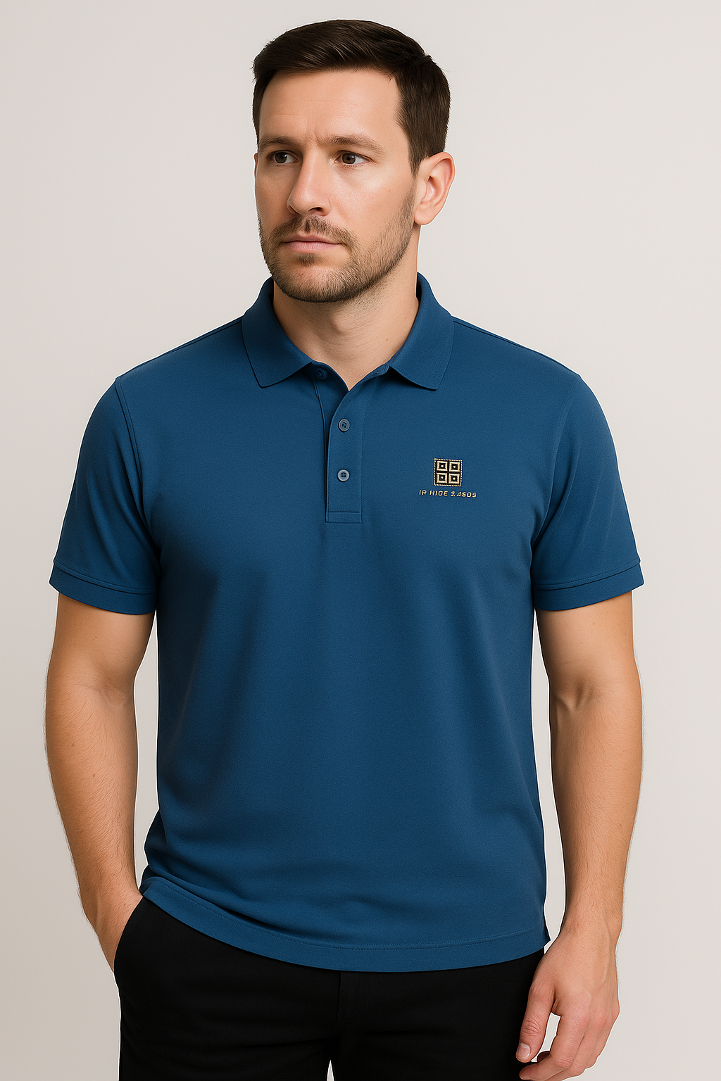 Blue Polo Shirt with Gold Emblem Logo