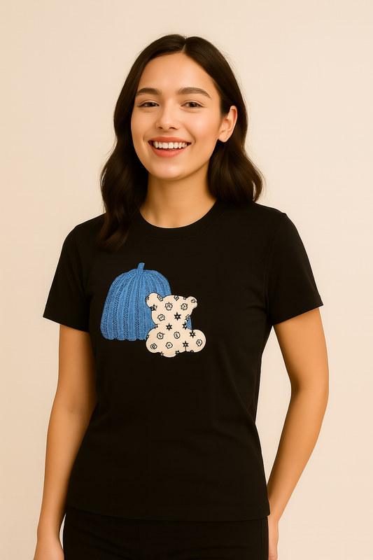 Black Tee with Blue Pumpkin & Teddy Bear Graphic