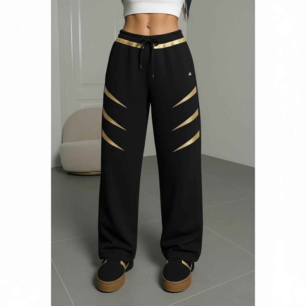FP9304B Women's Navy Blue Athletic Pants with Gold Accents Design
