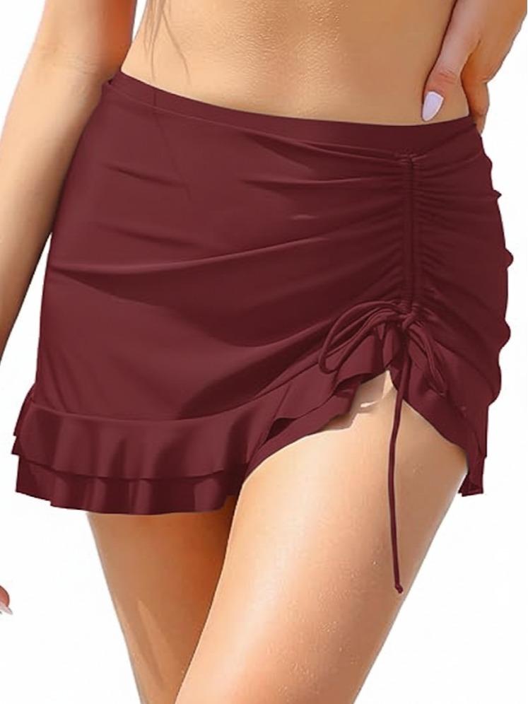 Women's Plain Swimdress Ruffle Swim Skirt High Waist Side Pull Tie Swimsuit Bottom (#16)