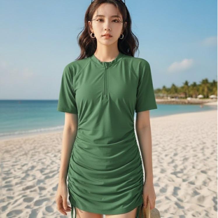 Womens Rash Guard UPF 50+ UV Shell Fabric Surf Shirt-Short Sleeve with Downstrings