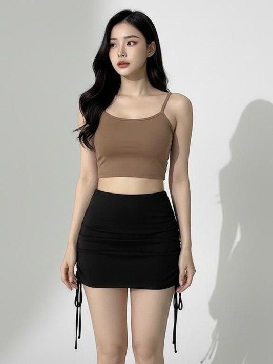 Women's THICK WAISTBAND Plain New Design Korean Style High-waist Drawcord Versatile Casual Buttock Skirt (#4)