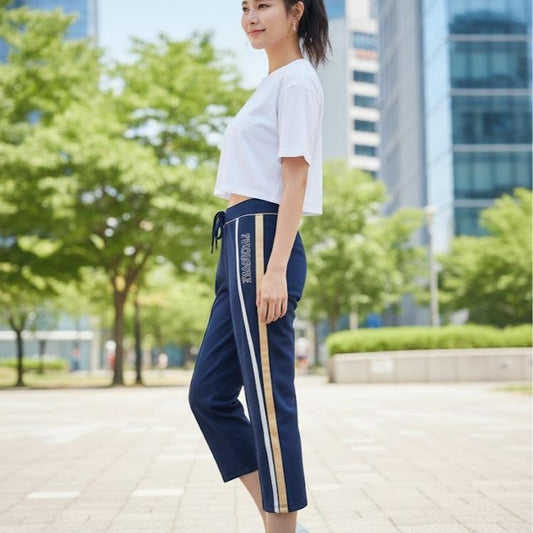 FP8053-7 Women's Classic Ferry Pure Cotton Capri Navy Blue with Yellow & White Lining Color