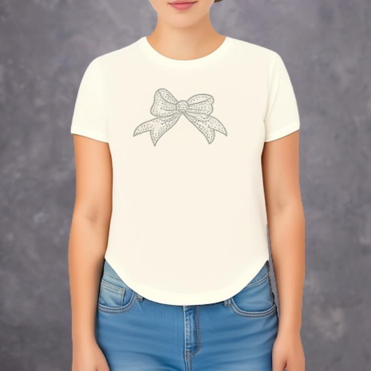 Bling Top Tee Shirt- Korean Style Women's Wear with Sparkling Designs on White Cream Fabric