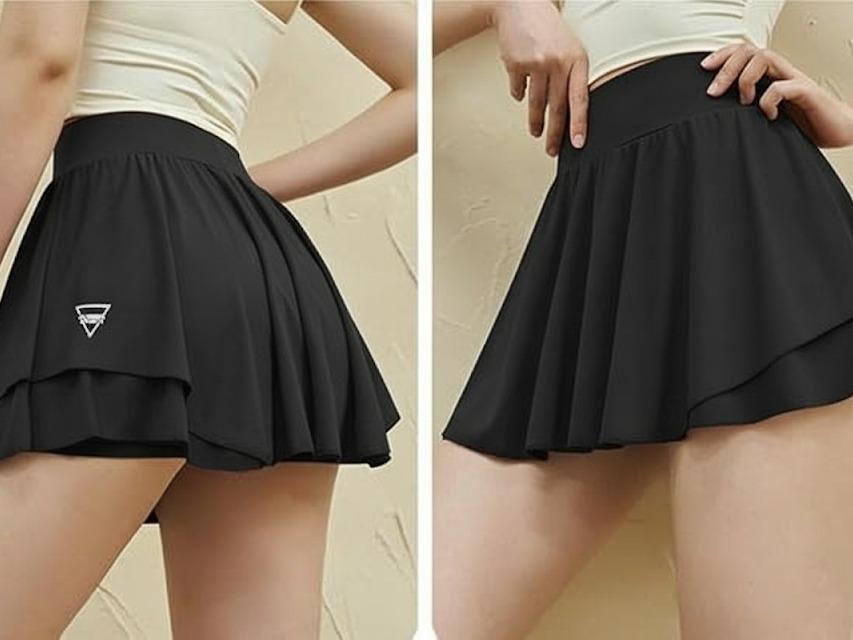 PLAIN BLACK PETITE Women's Double Layer Ruffle Hem A-Line Skirt (#23)