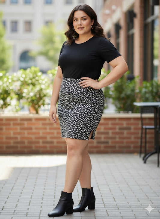Sunflower Printed Black Plus Size Skirt with Cycling Short Inside