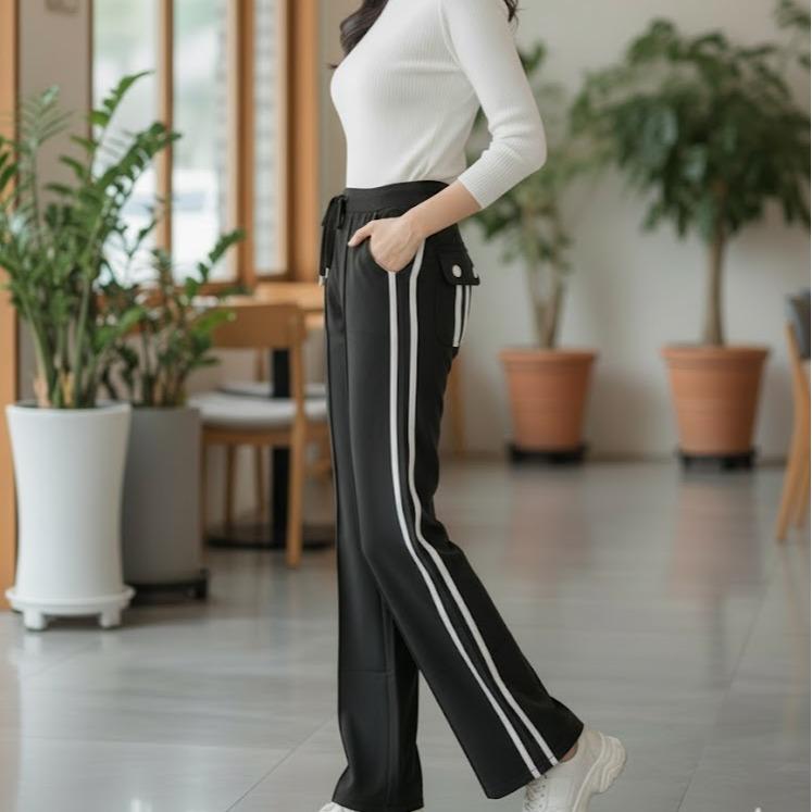 FP9338B Women's Classic Cotton Straight Pants with White or Gold Lining & Pocket in Back Area