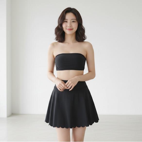 Women's Plain Black Mini Shift Skirt with Panty Scalloped  Design (#19)