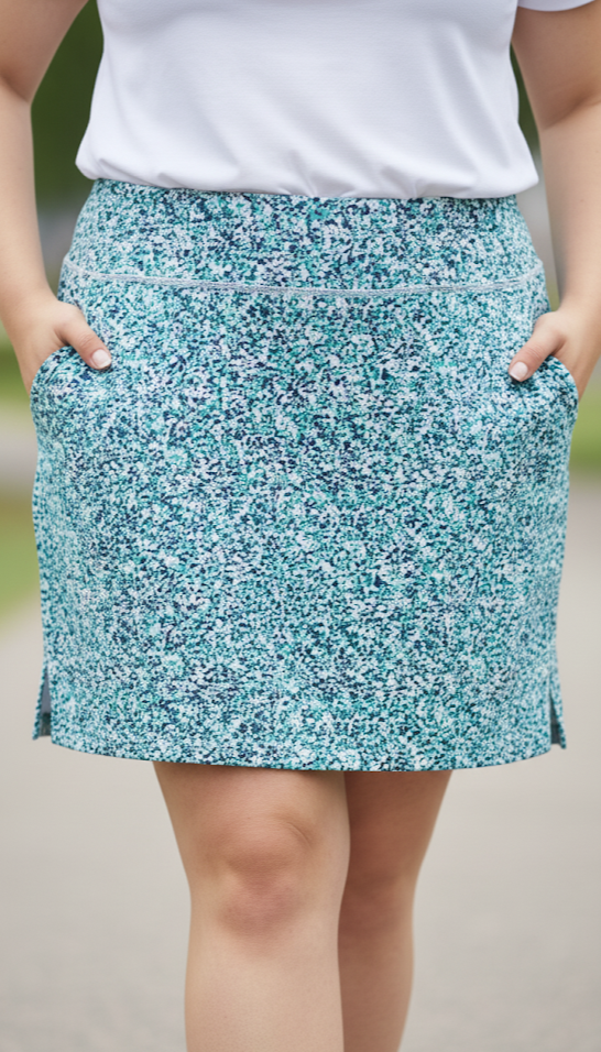 Dust Teal Patterned Plus Size Skirt with Cycling Short Inside