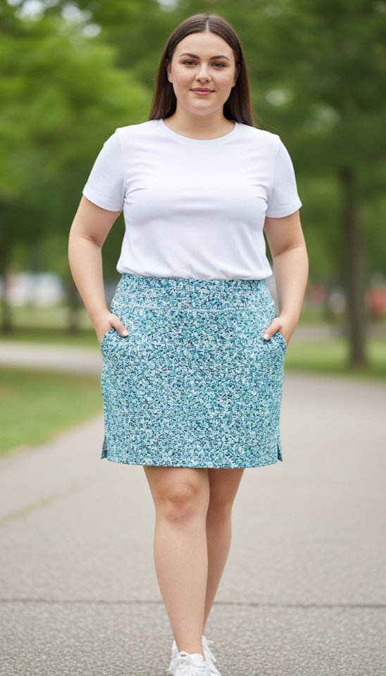 Dust Teal Patterned Plus Size Skirt with Cycling Short Inside