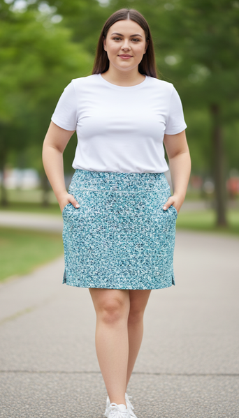 Dust Teal Patterned Plus Size Skirt with Cycling Short Inside
