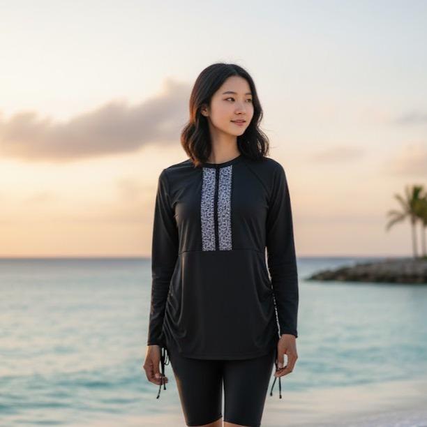 Women'S Rash Guard Top Crew Neck Long Sleeves Printed Swim Shirt Top with Downstring