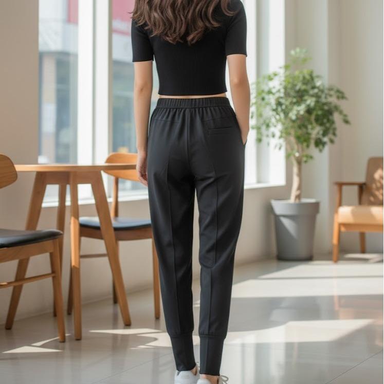 FP074-1 Women's Classic Ferry Pure Cotton Pants Plain Black Color