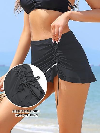 Women's Plain Swimdress Ruffle Swim Skirt High Waist Side Pull Tie Swimsuit Bottom (#16)