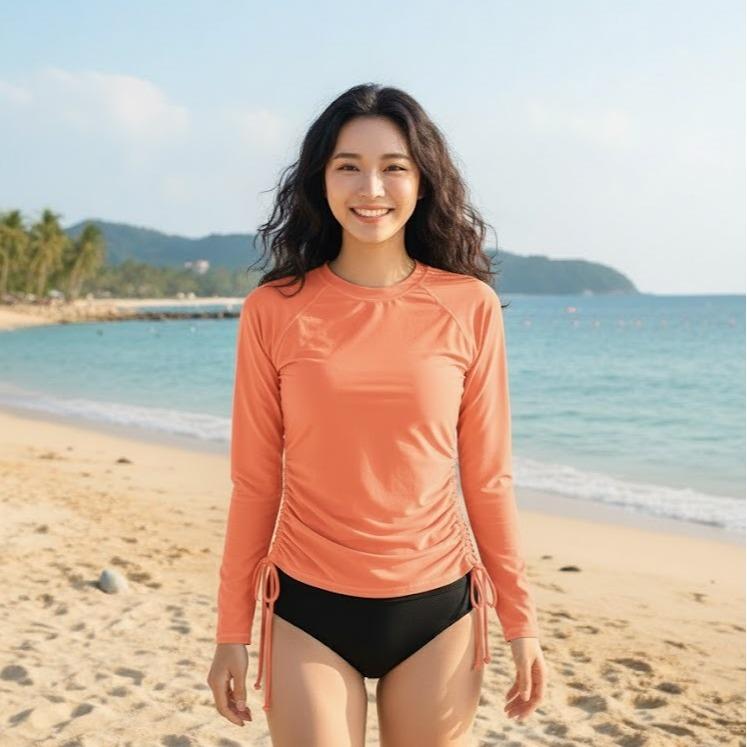 Women'S Rash Guard Top Crew Neck Long Sleeves Printed Swim Shirt Top with Downstring