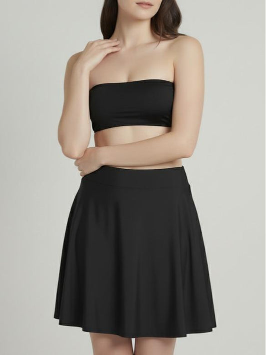 Women's Plain Black Swim Skorts High Waist Tummy Control Modest Swim Skirt (#22)