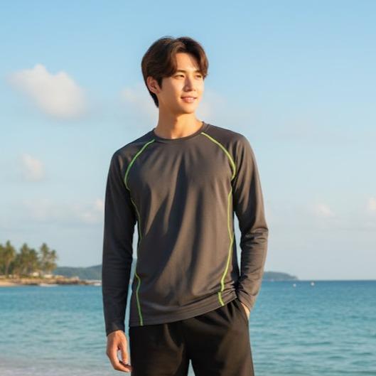 Men's Rash Guard Top Crew Neck Long Sleeves Printed Swim Shirt Top