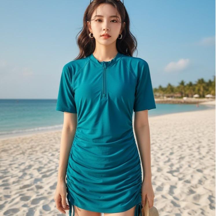 Womens Rash Guard UPF 50+ UV Shell Fabric Surf Shirt-Short Sleeve with Downstrings