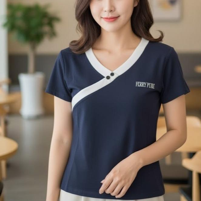FP6690 Women's Cotton Top Tee Shirt Black & Dark Blue Color