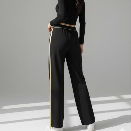 FP8045B Women's Classic Cotton Straight Pants with Yellow Stripes