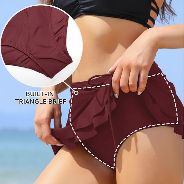 Women's Plain Swimdress Ruffle Swim Skirt High Waist Side Pull Tie Swimsuit Bottom (#16)
