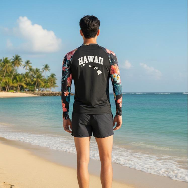 Men's RASH GUARD Aloha Hawaii Design Black Color (#19)