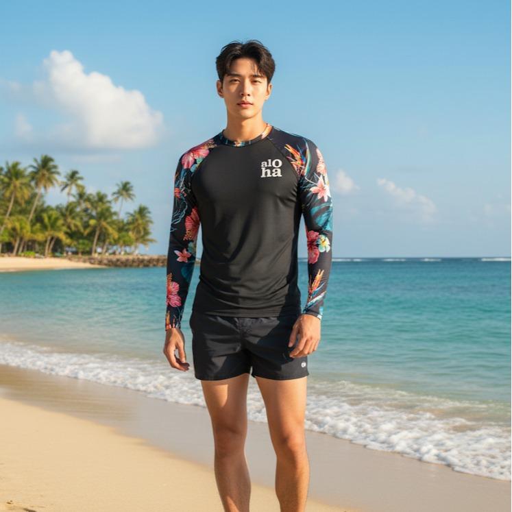 Men's RASH GUARD Aloha Hawaii Design Black Color (#19)