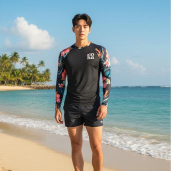 Men's RASH GUARD Aloha Hawaii Design Black Color (#19)