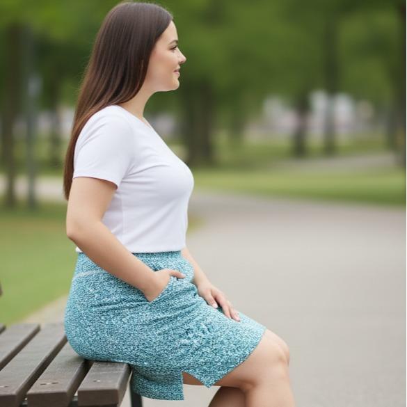 Dust Teal Patterned Plus Size Skirt with Cycling Short Inside (#35)