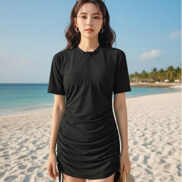 Womens Rash Guard UPF 50+ UV Shell Fabric Surf Shirt-Short Sleeve with Downstrings