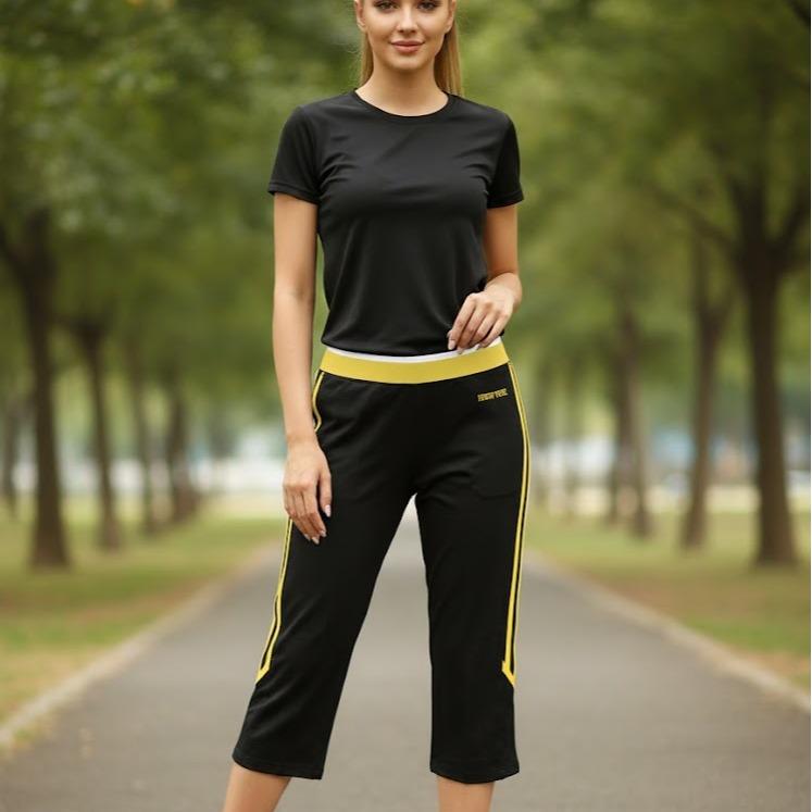 FP68008 Women's Classic Cotton Capri Pants with White & Yellow Sides Lining