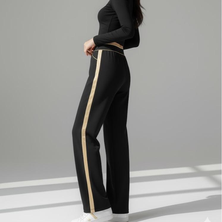 FP8045B Women's Classic Cotton Straight Pants with Yellow Stripes