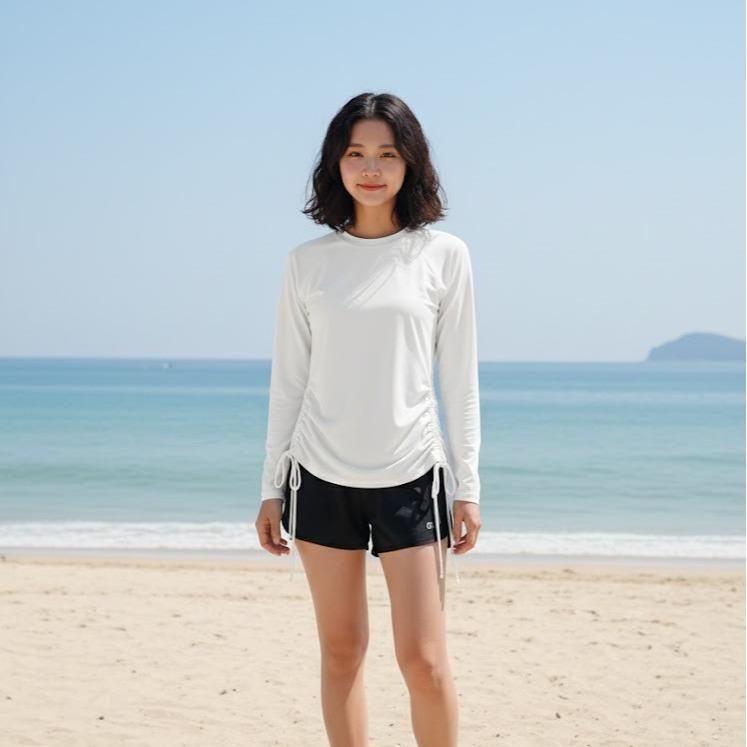 Women'S Rash Guard Top Crew Neck Long Sleeves Printed Swim Shirt Top with Downstring