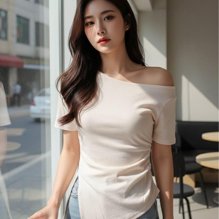 8822 Women's Cotton Plain Off-Shoulder in Cream & Black Color