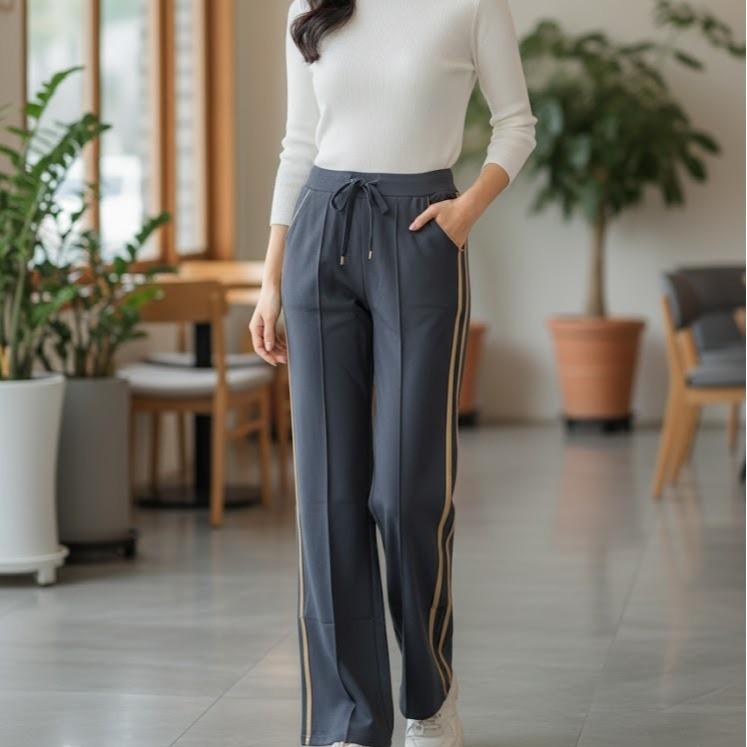 FP9338B Women's Classic Cotton Straight Pants with White or Gold Lining & Pocket in Back Area