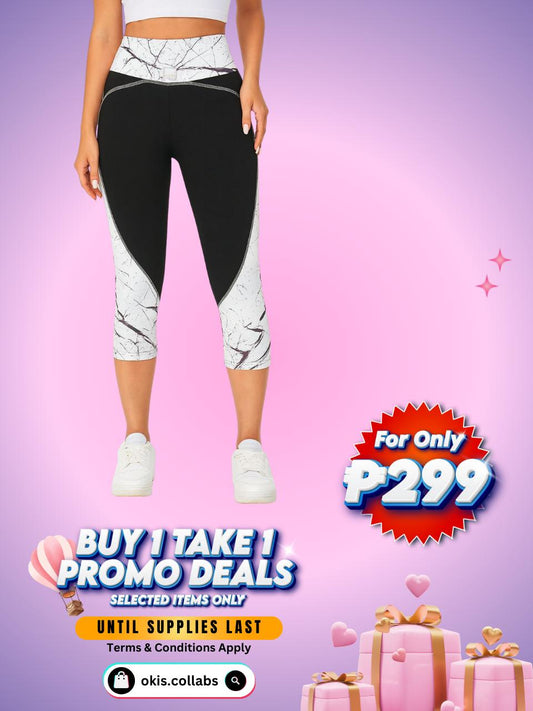 [BUY 1 TAKE 1 FREE] Women's Cotton Sports Wear Marble Contrast High-Waist Capri Leggings