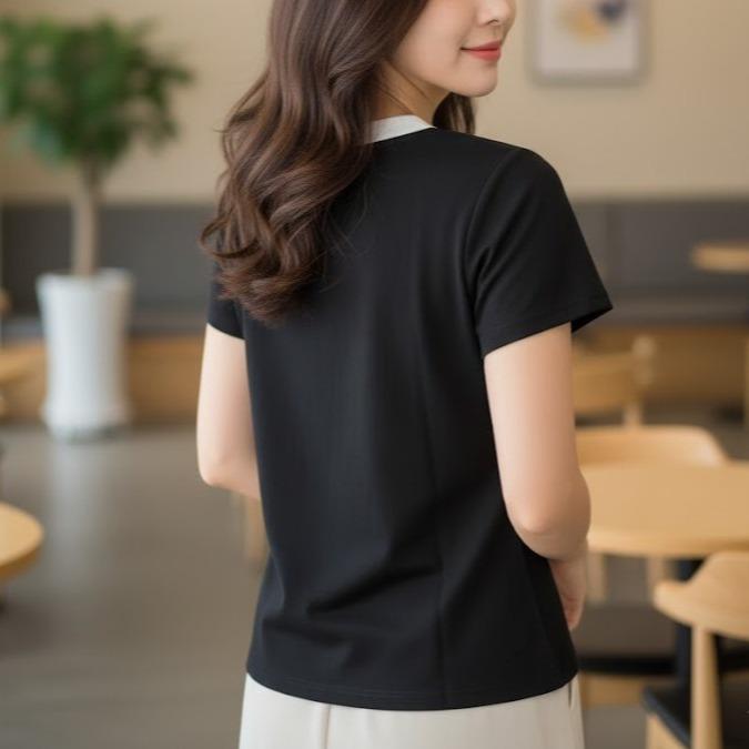 FP6690 Women's Cotton Top Tee Shirt Black & Dark Blue Color