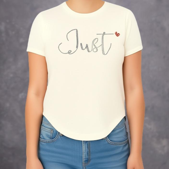 Bling Top Tee Shirt- Korean Style Women's Wear with Sparkling Designs on White Cream Fabric