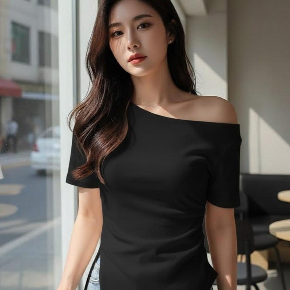 8822 Women's Cotton Plain Off-Shoulder in Cream & Black Color