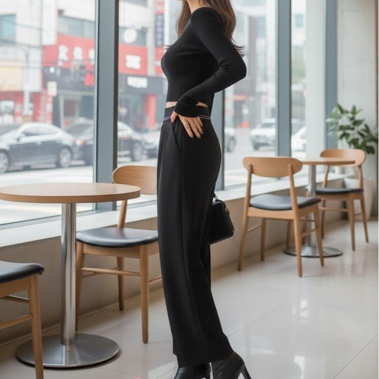 FPF028 Women's Classic Cotton Pants in Plain Black Color with Waist Beads