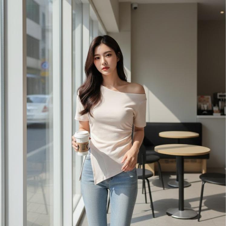 8822 Women's Cotton Plain Off-Shoulder in Cream & Black Color