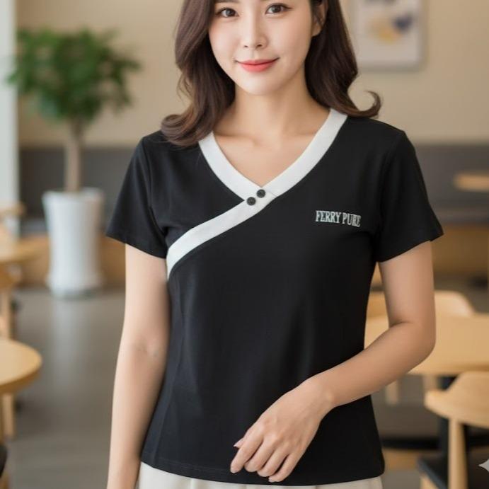 FP6690 Women's Cotton Top Tee Shirt Black & Dark Blue Color