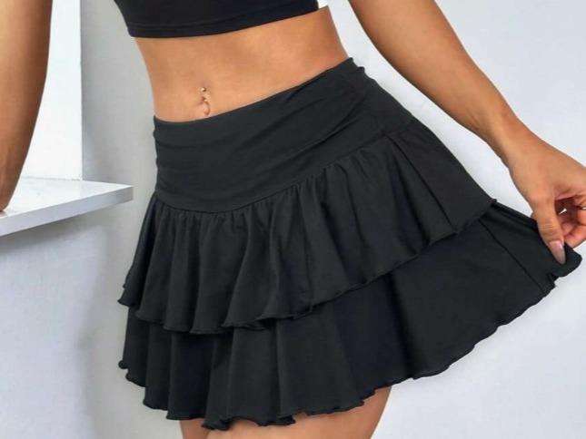 Women's Plain Black Double Layer Ruffle Hem A-Line Skirt For Summer Outfit (#15)
