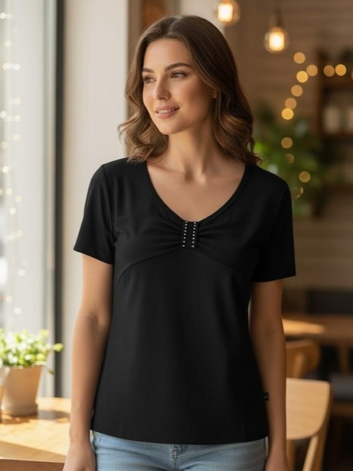 FPF003A Women's Cotton Top Tee Shirt with Beeds in Front